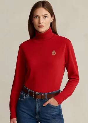 Vintage Lauren Ralph Lauren Red Turtleneck Sweater Womens L Crest Logo Cotton thumbnail 1