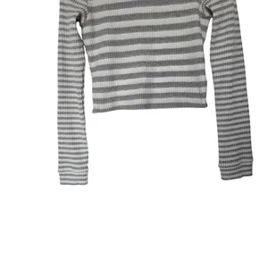 Aerie Gray Striped Long Sleeve Waffle Knit Turtleneck Pullover Crop Top Medium thumbnail 3