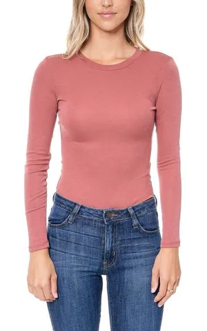 ✨ELODIE Women's Long Sleeve Sz Medium Mauve Bodysuit Ribbed T Shirts Jumpsuit✨ thumbnail 1