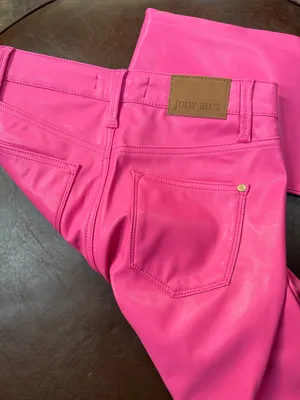 Judy Blue Hot Pink Straight Leg Faux-Leather Jeans thumbnail 3