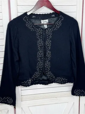 Vintage Lilly Pulitzer Embroidered Pearl Bead Crop Cardigan Sweater Black Medium thumbnail 7