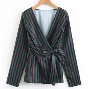 Zara Striped Sateen Wrap Blouse Medium Black thumbnail 2