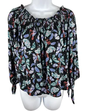 Free People Black Butterfly Novelty Long Sleeve On Or Off Shoulder Top S thumbnail 1
