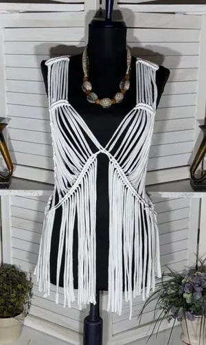 Solitaire white fringes crochet vest top macrame boho fairy festival coastal S thumbnail 1