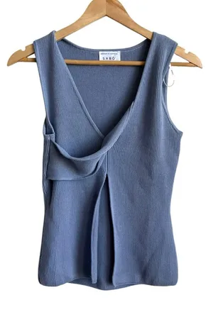 SABO Slate Blue Ribbed Knit Top Deep V Crossover Sleeveless Open Front Size S thumbnail 1