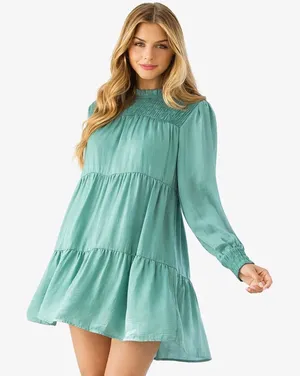 THML NWT Teal Smocked Tiered Mini Dress Long Sleeve‎ Boho Seafoam Size Small thumbnail 1