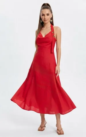 Zara Red Linen Blend Halter Midi Dress Size S Cowl Neck Tortoiseshell Buttons thumbnail 1