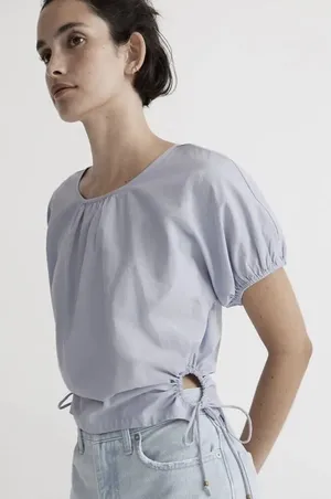 Madewell Embroidered Poplin Puff-Sleeve Cutout Crop Top Distant Peri XS NWT thumbnail 1