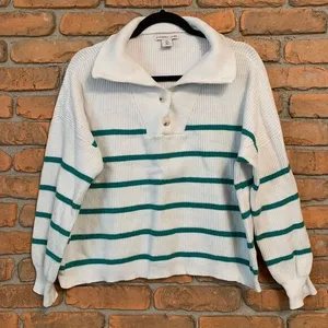 Sincerely‎ Jules Womens Large Sweater White Green Striped Ribbed Knit Pullover thumbnail 1