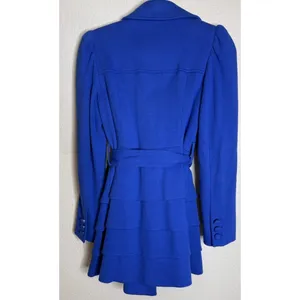 INC Womens Small Trench Coat Blue Puff Shoulder Ruffle Hem Double Breasted Chic thumbnail 2