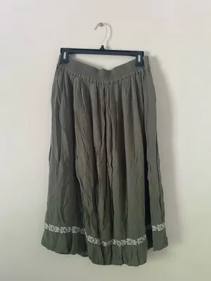 Olive Green Midi Skirt with Embroidered Trim thumbnail 2