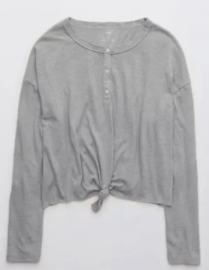 Aerie Gray Breezy Linen Distressed Henley T-Shirt Size XXL thumbnail 1