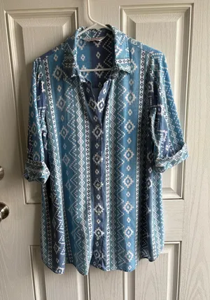 Biba Blue & White Geometric Blouse | Size 36/L thumbnail 1