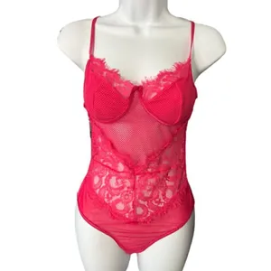Pink Floral Lace Scalloped Sheer Lingerie Teddy Bodysuit Size S thumbnail 9