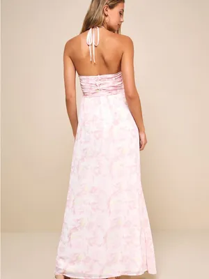 NWOT Lulus Effortlessly Abloom Light Pink Floral Ruched Halter Maxi Dress L thumbnail 3