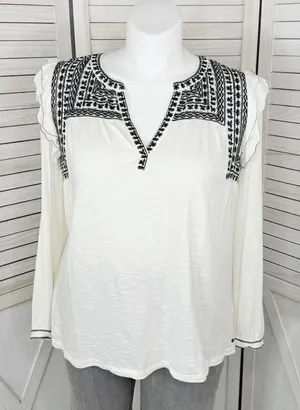 Fat‎ Face Martha Boho Embroidered V Neck Slub Knit Shirt Cream 12 Long Sleeve thumbnail 1