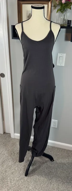 Womens Charcoal Gray Sleeveless Harem Jumpsuit with Pockets Cotton Blend L thumbnail 1