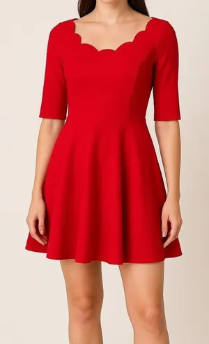 Lulus Red Scalloped Mini Skater Dress Womens L Stretch Knit Flared Fit & Flare thumbnail 1