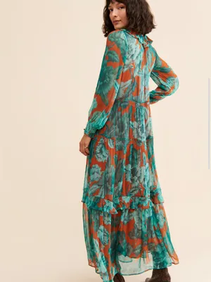 Anthropologie The Marais Printed Tiered Teal Floral Maxi Dress Boho Floral XS thumbnail 9
