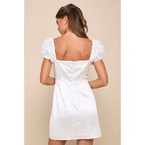 NWT Lulus Precious Enchantment White Satin Floral Puff Sleeve Mini Dress LWD S thumbnail 4
