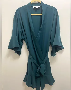 Birdy Grey Robe Dress Ruffle Detail Waist Tie Emerald Green Size M / L thumbnail 3