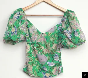 ASTR the Label Summer Magic Green Floral Print Puff Sleeve Wrap Top Blouse Small thumbnail 1