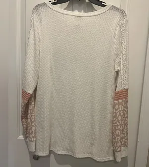 White Waffleknit top with Pink cheetah and lace accents Long Sleeve Top by BiBi thumbnail 4