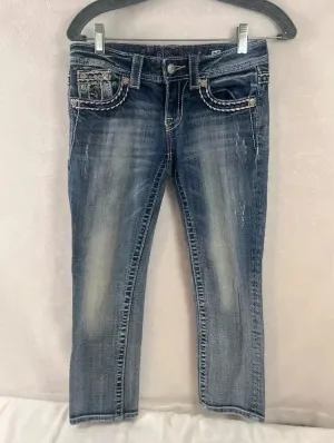 Miss Me Cuffed Capri Cropped Blue Denim Jeans Jewel Flap Back Pockets Size 25 thumbnail 1