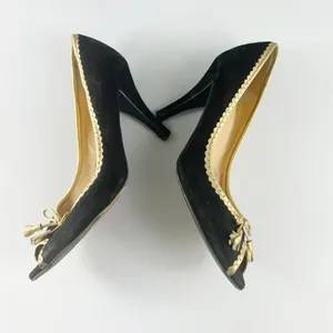 J. Crew Vintage Isabella Black Suede Gold Trim Peep Toe Heels Shoes Women 8.5 thumbnail 8