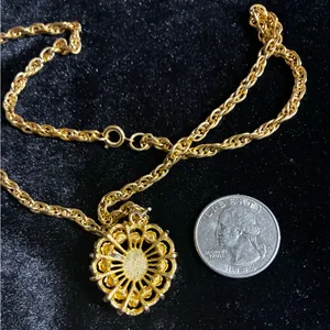 Vintage gold-tone necklace with a red crystal and cabochon pendant. 18” thumbnail 4
