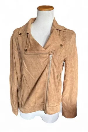 NWT Womens Francesca’s Collection Blue Rain Suede Camel Zip Detail Jacket - Sz M thumbnail 1