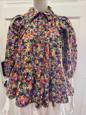 Meet me in Santorini 100% Cotton Boho Floral Peplum Blouse Multicolor SzLarge A1 thumbnail 1