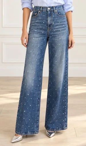 Maje Studded Wide Leg Jeans US Size 2 Medium Wash Blue High Rise Denim thumbnail 1