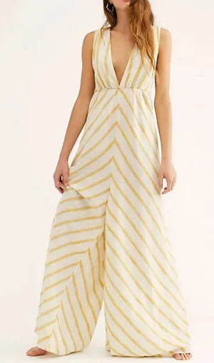 Free People Veronica Wide Leg Jumpsuit Women Yellow Striped Boho Size 8 thumbnail 1