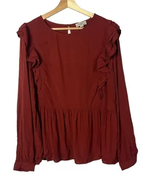 Ann Taylor LOFT Red‎ Currant Ruffle Flounce Long Sleeve Peplum Blouse L thumbnail 1