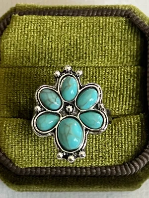 Bohemian Blue Turquoise Cluster Design Stainless Steel Statement Ring Size 6 thumbnail 2