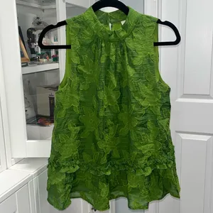 ANTHROPOLOGIE (Maeve) Savannah Peplum Textured Floral Blouse, Green, Size 4 thumbnail 3