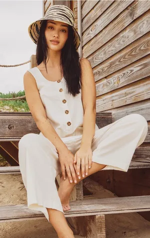 Marine Layer XS Ivory Sleeveless Button Front Wide Leg Cropped Jumpsuit Pockets thumbnail 1