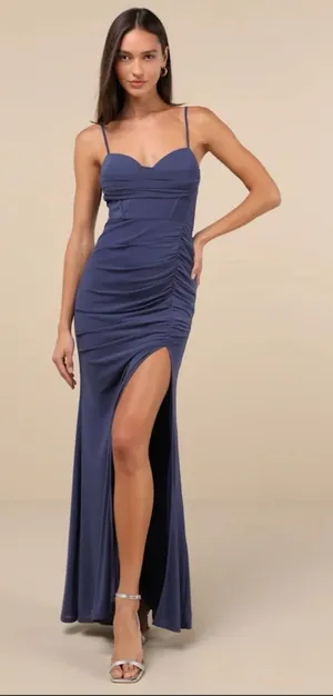 Lulus Flirty Composure Slate Blue Mesh Cowl Bustier Ruched Maxi Dress Small thumbnail 1