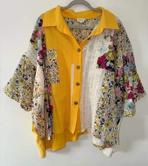 POL Floral/Lace Oversized Crochet Contrast Patchwork Boho Hippie Blouse small thumbnail 1