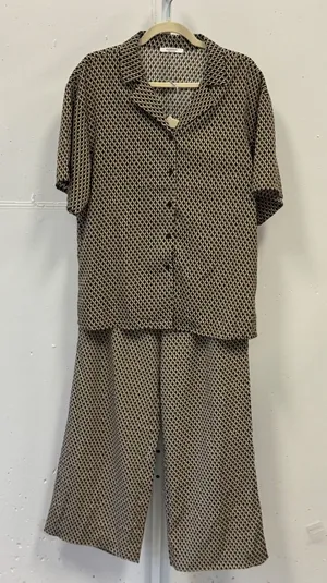 Peppermayo Geometric Diamond Print 2 Piece Set Shirt Wide Leg Pants Brown US 4 thumbnail 1
