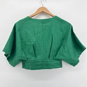 NWT Commense V-Neck Ruched Waist Linen Blend Crop Top Green‎ Gold Buttons Small thumbnail 4