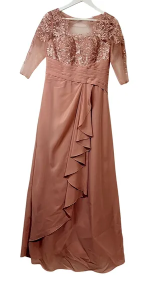 Women’s Lace Bodice Ruffle Chiffon Maxi Formal Gown Dress Dusty Rose Small 4 / 6 thumbnail 1