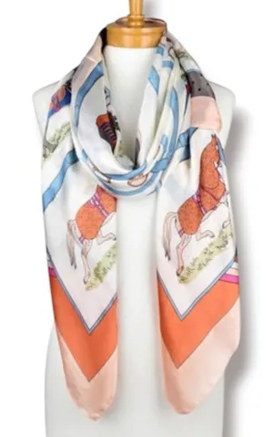 Equestrian Horse Print Satin Scarf Wrap Shawl‎ 35x70 Peach Blue Dressage Riding thumbnail 1
