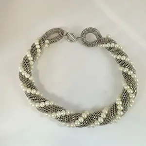 Silver tone and faux pearl mesh twisted choker necklace thumbnail 3