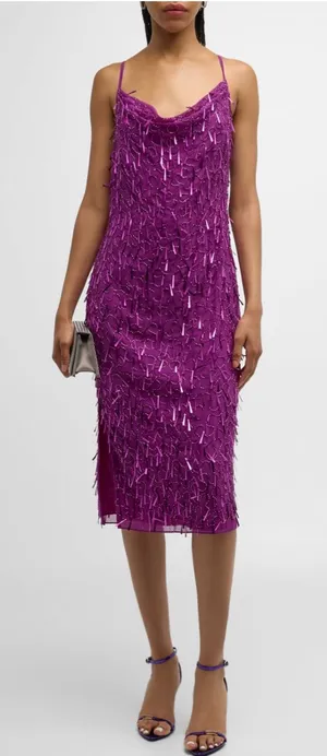 Liv foster party cocktail Fuchsia Sequin Fringe Slip Midi Dress thumbnail 1