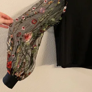Black Crop Top with Floral Embroidered Statement Sleeves thumbnail 2