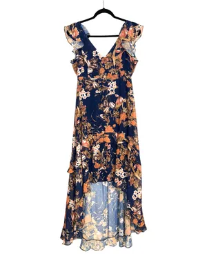 Lulu's Stunning Favorite Navy Floral High-Low Ruffle V-Neck Dress LARGE thumbnail 3