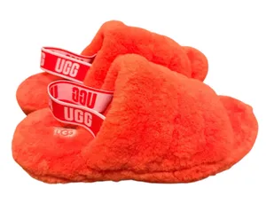 UGG Women's Fluff Yeah Fur Slide Slipper Orange with elastic logo strap Size 11 thumbnail 1