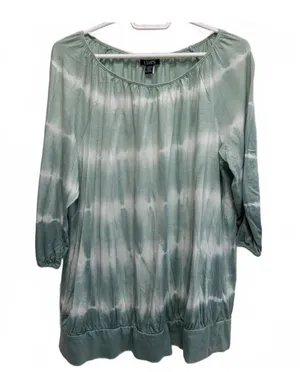 Chaps Green and White Tie Dye Banded Bottom Blouse Plus Size 1X thumbnail 1